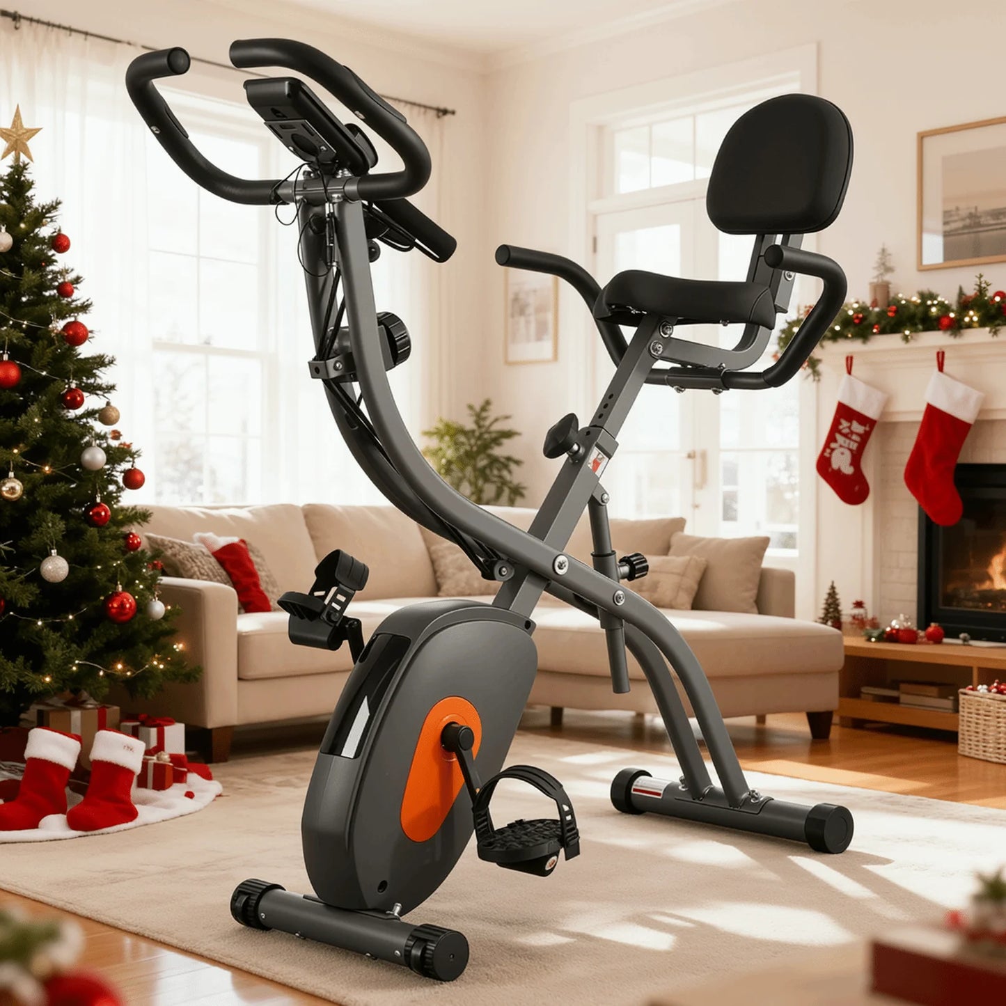Folding Exercise Bike 4 in 1 Magnetic Stationary Recumbent Bike 10 Level Resistance for Home Use with Arm Resistance Bands