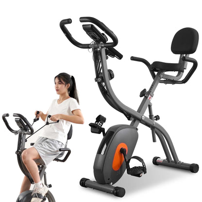 Folding Exercise Bike 4 in 1 Magnetic Stationary Recumbent Bike 10 Level Resistance for Home Use with Arm Resistance Bands