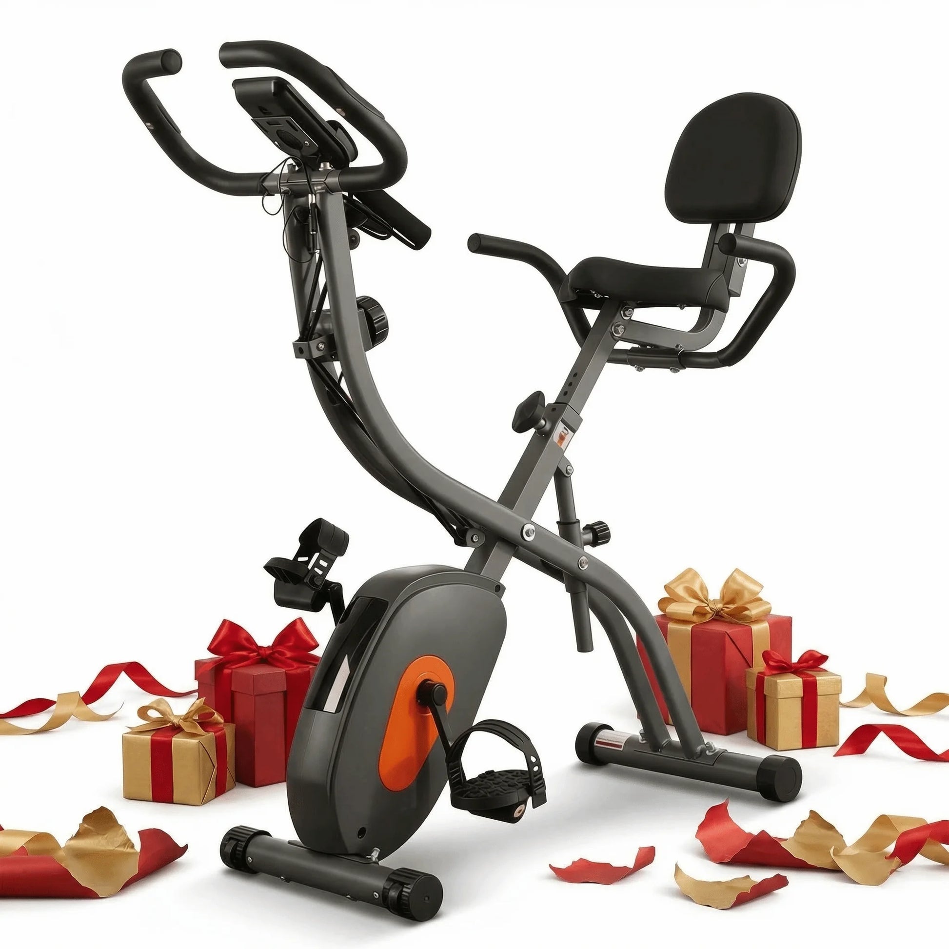 Folding Exercise Bike 4 in 1 Magnetic Stationary Recumbent Bike 10 Level Resistance for Home Use with Arm Resistance Bands