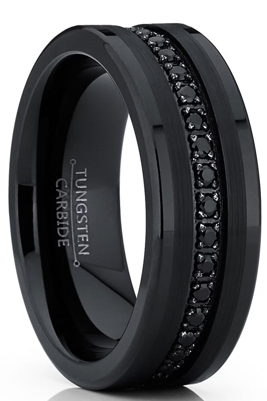 Mens Genuine Tungsten Black Wedding Band Eternity Ring Cubic Zirconia Comfort-Fit