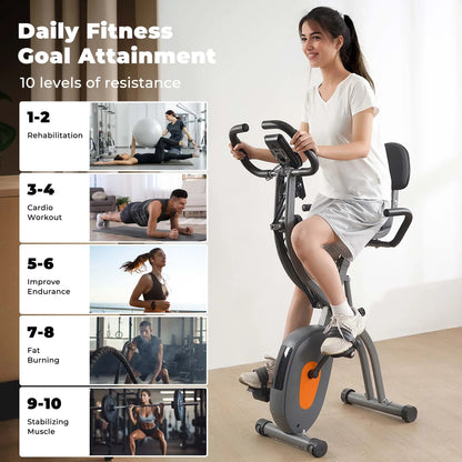Folding Exercise Bike 4 in 1 Magnetic Stationary Recumbent Bike 10 Level Resistance for Home Use with Arm Resistance Bands